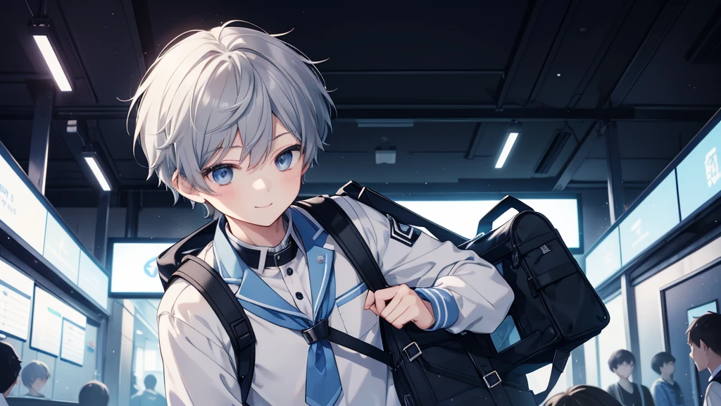 1 boy、High school boys、Highest quality, Tabletop, Beautiful Face、Jet black with stand-up collar、uniform、Gray Hair、short hair、whole body、smile、smile、Carrying a blue and white checked backpack、School Background、