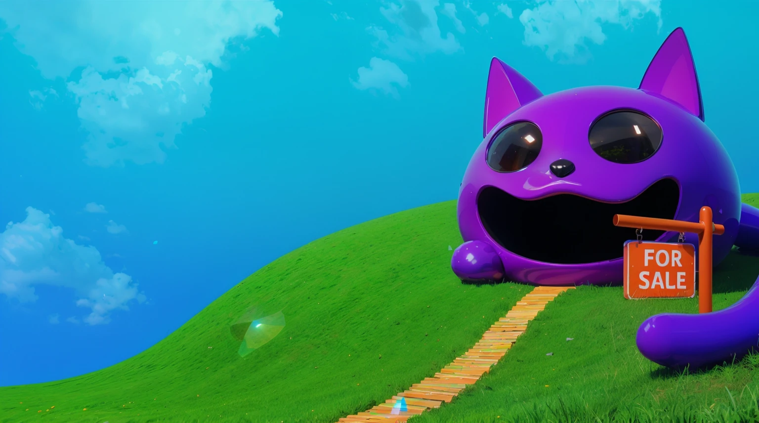 The image depicts a whimsical house designed to resemble a shiny purple cat with a wide, joyful expression. The house is rounded with exaggerated cat features, including large, pointy ears, big black eyes, and a wide-open mouth forming a comical and inviting entrance. The structure sits on a vibrant green hill, with an orange pathway leading up to it, giving a playful and imaginative atmosphere. The sky is a clear blue, enhancing the bright and cheerful scene. The overall design combines creativity and fun, making the house look like a lively, animated character. Create цветной рендеринг zbrush. perfect cgi, cgi art created only with gradients, smooth silhouette, Create ultra sharp skin, high intensity refraction, (plastic material), most beautiful vfx, blue background, plastic refractions, glossy texture, smooth 3d model, multiple light sources, rim light, sharp post effects render, (glossy plastic texture with multiple big light probe refractions), perfect cgi, cgi art created only with gradients, smooth silhouette, high intensity refraction, (plastic material), most beautiful vfx, blue background, plastic refractions