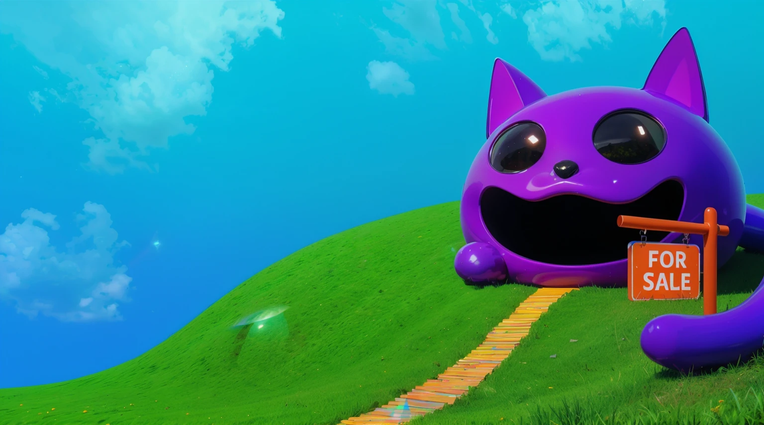 The image depicts a whimsical house designed to resemble a shiny purple cat with a wide, joyful expression. The house is rounded with exaggerated cat features, including large, pointy ears, big black eyes, and a wide-open mouth forming a comical and inviting entrance. The structure sits on a vibrant green hill, with an orange pathway leading up to it, giving a playful and imaginative atmosphere. The sky is a clear blue, enhancing the bright and cheerful scene. The overall design combines creativity and fun, making the house look like a lively, animated character. Create цветной рендеринг zbrush. perfect cgi, cgi art created only with gradients, smooth silhouette, Create ultra sharp skin, high intensity refraction, (plastic material), most beautiful vfx, blue background, plastic refractions, glossy texture, smooth 3d model, multiple light sources, rim light, sharp post effects render, (glossy plastic texture with multiple big light probe refractions), perfect cgi, cgi art created only with gradients, smooth silhouette, high intensity refraction, (plastic material), most beautiful vfx, blue background, plastic refractions