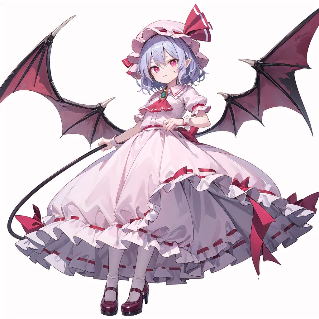 (((one women))),(((remilia scarlet))),(touhou), red eyes, short hair, purple hair, light purple hair, blue hair, slit pupils, fang, bat wings, white headwear, pink headwear, mob cap, white shirt, pink shirt, collared shirt, frilled shirt collar, red ascot, puffy short sleeves, frilled sleeves, wrist cuffs, white skirt, pink skirt, skirt set, frilled skirt, red ribbon, hat ribbon, waist bow, red bow, brooch, holding,(((full body))),(((model posing))),(((white background))),(((Angle from below)))