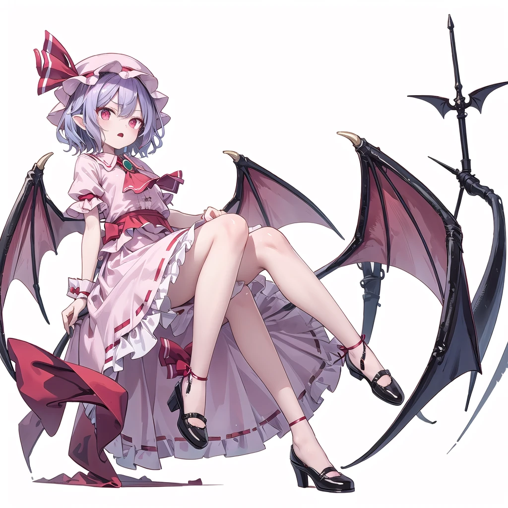 (((one women))),(((remilia scarlet))),(touhou), red eyes, short hair, purple hair, light purple hair, blue hair, slit pupils, fang, bat wings, white headwear, pink headwear, mob cap, white shirt, pink shirt, collared shirt, frilled shirt collar, red ascot, puffy short sleeves, frilled sleeves, wrist cuffs, white skirt, pink skirt, skirt set, frilled skirt, red ribbon, hat ribbon, waist bow, red bow, brooch, holding,(((full body))),(((model posing))),(((white background))),(((Angle from below)))