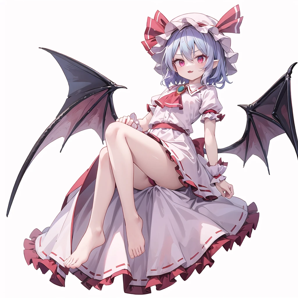 (((one women))),(((remilia scarlet))),(touhou), red eyes, short hair, purple hair, light purple hair, blue hair, slit pupils, fang, bat wings, white headwear, pink headwear, mob cap, white shirt, pink shirt, collared shirt, frilled shirt collar, red ascot, puffy short sleeves, frilled sleeves, wrist cuffs, white skirt, pink skirt, skirt set, frilled skirt, red ribbon, hat ribbon, waist bow, red bow, brooch, holding,(((full body))),(((model posing))),(((white background))),(((Angle from below)))