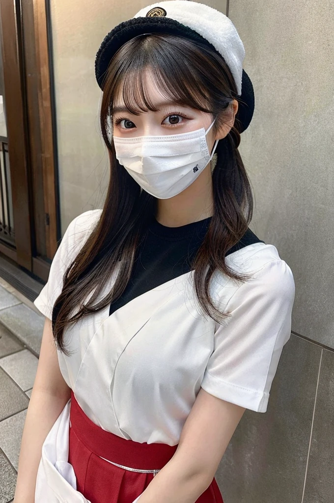 最high quality,Very detailed,finely,High resolution,8K壁紙,Perfect dynamic composition,Young Japanese Woman,Age 25, Black Hair, thin, 4K, 8K, high quality, beauty, smile, White teeth,Beautiful Eyes, Characterized by simplicity, High resolution,1 person,Japanese Idols,Large Breasts,ponytail,Landmine Makeup,Red cheeks,whole body,hat,White Face Mask