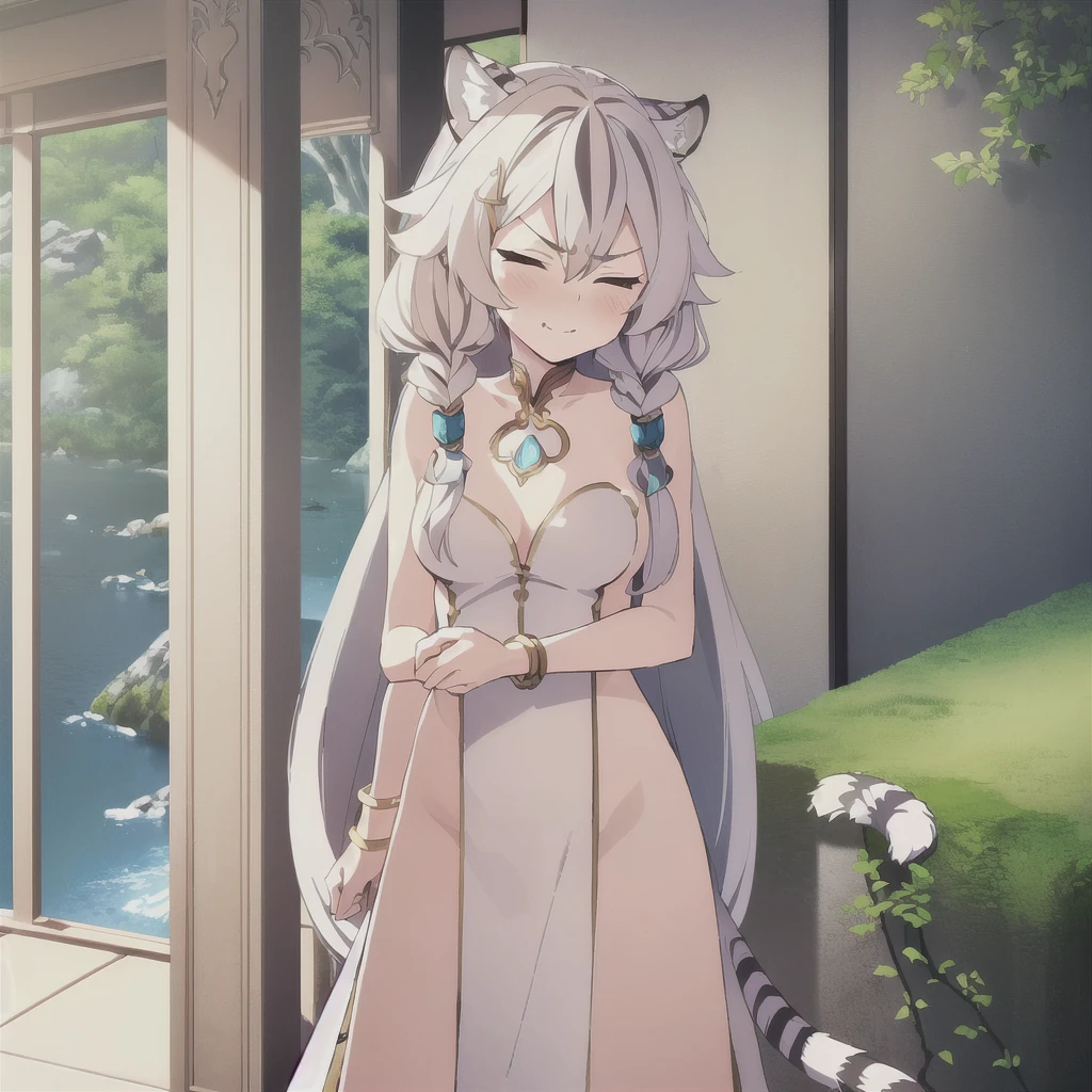 ((masterpiece)), (best quality), (ultra-detailed), photorealistic, (best illustration), ((an extremely delicate and beautiful)), 1girl, solo, long hair, tiger ears, [:tiger tail under:0.2], white hair, two-tone hair, no clothes, nude, (tail covering pussy:1), naked, cross-laced, standing, closed eyes, smile, big breasts, after bath, detailed scenery, in bathroom, low twin braids, twin braids, hair ornament, bracelet, (covering chest:0.9), blush, embarrased, angry. 