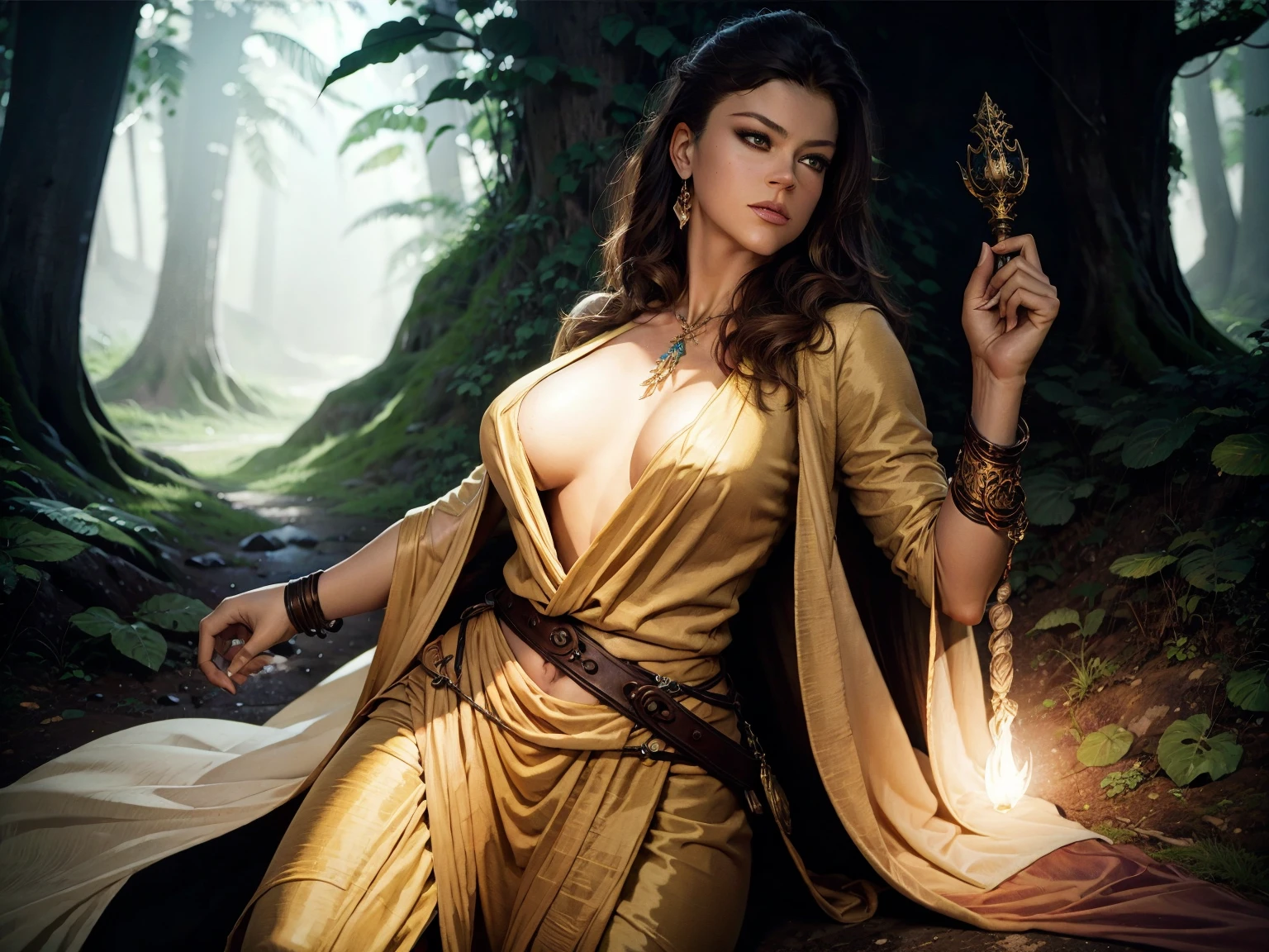 Arafed image of a woman in a forest holding a magic staff, fantasy card game art, detailed 2D digital fantasy art, Magali Villeneuve graphic artist, 4k fantasy art, epic fantasy digital art style, behance fantasy art, fantasy game art, detailed fantasy art, portrait of a female magician, d & d digital fantasy art, high quality fantasy art