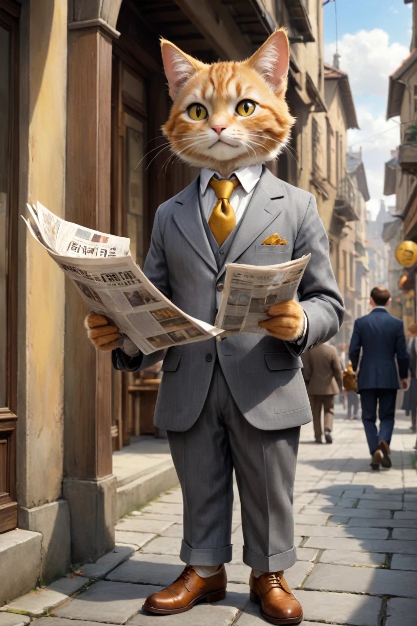  small, かわいいbornき物, Wearing a gray suit,Wearing suit pants、Brown leather shoes、 whole body, , Are standing, Costumes, Reading the Newspaper Fantasy Art, Exquisite detail, Jean-Baptiste Monge Style, Building district、Alan Lee Style, Anthropomorphic yellow-eyed tabby furry cat, Movie Scenes, Dramatic shot angles, , Realistic, born々Amazing cinematic photorealism, Action Portrait, 8K, detailed, Full Frame