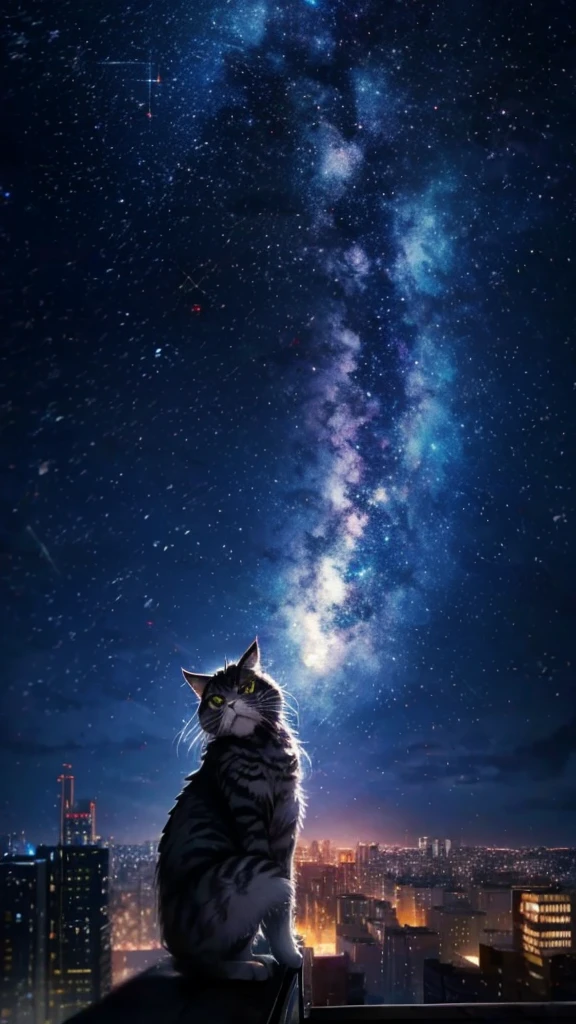 anime painting inspired by Makoto Shinkai, space art, sideways gray Maine Coon cat sitting on the roof of a building looking at the sky, mysterious, fantastic, meteor shower, intricate lights, twinkling city lights, unmanned