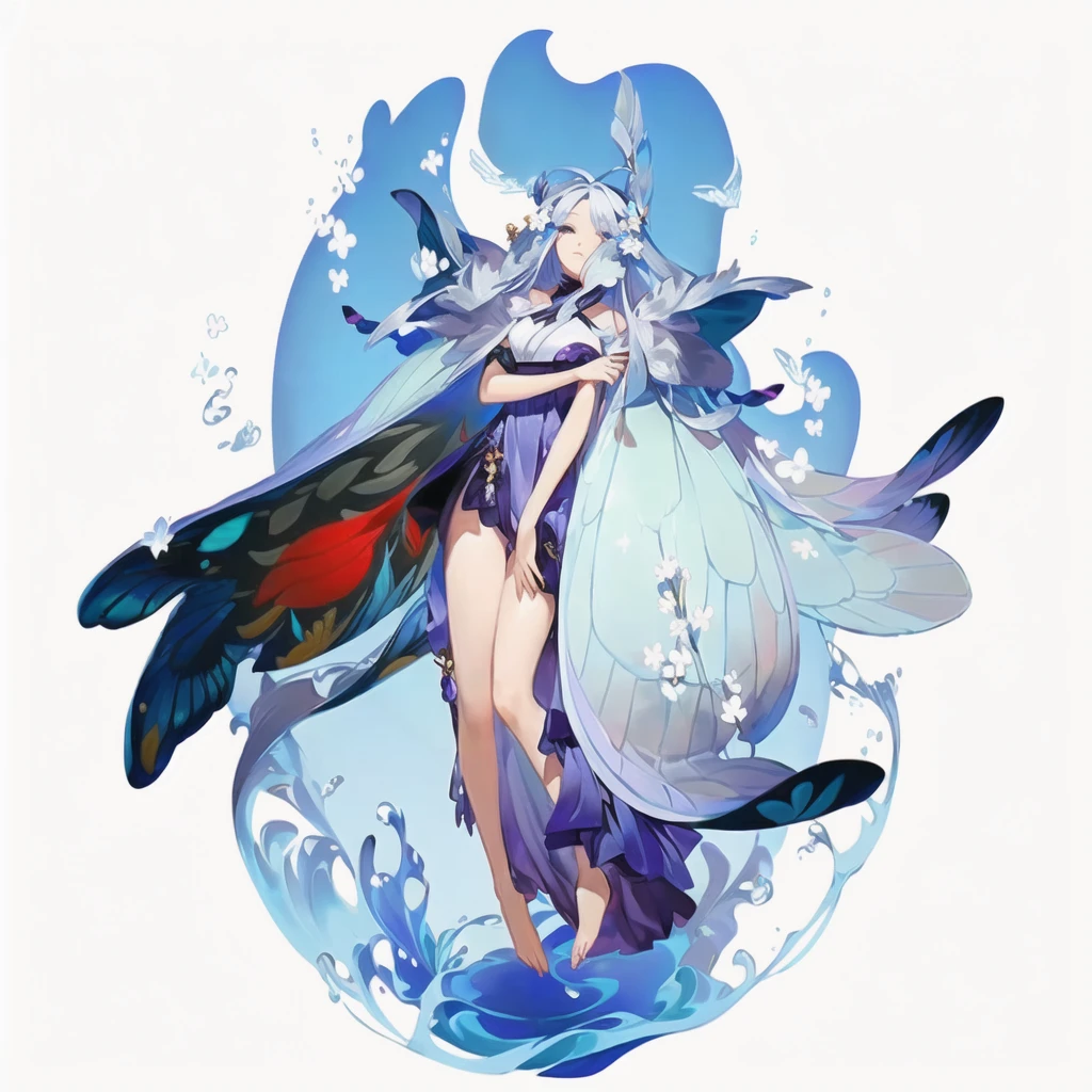 anime girl with wings and a dress with flowers, white haired deity, onmyoji, water fairy, onmyoji detailed art, beautiful fantasy anime, goddess of the ocean, anime goddess, art of kirokaze pixel, mizutsune, pixiv contest winner, anime fantasy illustration, astral fairy, from touhou, digital art on pixiv