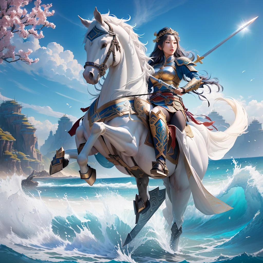 A woman riding a horse on the beach,Sword in hand, zhao yun, Horse Warrior, Queen of the Sea Mu Yanling, guan yu, Inspired by Huang Shen, mystical atlantean valkyrie, CG Artist, author:Yang J, heise jinyao, hua cheng, xianxia hero, jinyiwei, Inspired by Pu Hua, dragon