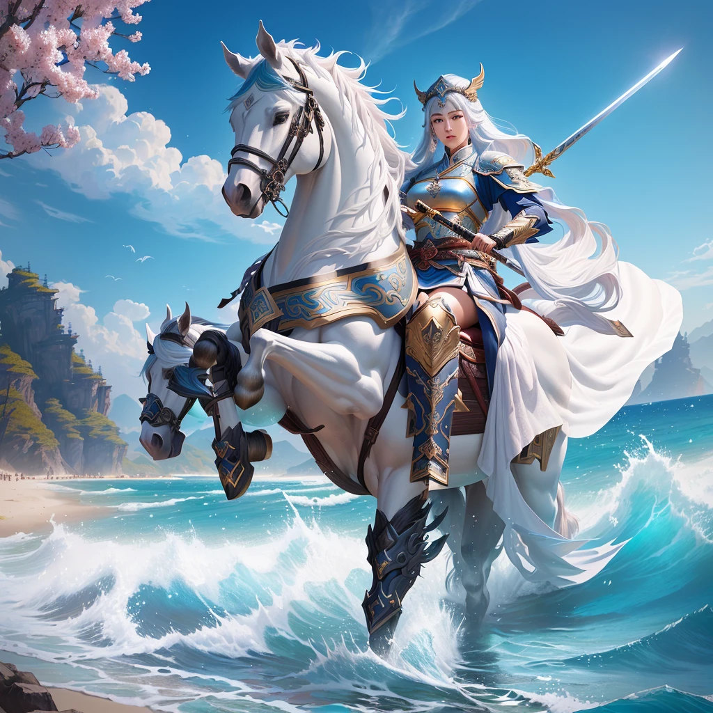 A woman riding a horse on the beach，Sword in hand, zhao yun, Horse Warrior, Queen of the Sea Mu Yanling, guan yu, Inspired by Huang Shen, mystical atlantean valkyrie, CG Artist, author：Yang J, heise jinyao, hua cheng, xianxia hero, jinyiwei, Inspired by Pu Hua, dragon