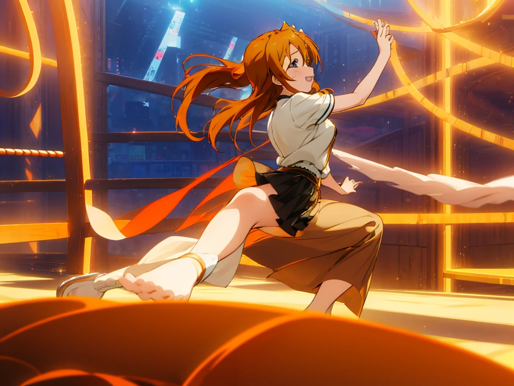 Anime style, Kouko Kaga and Honoka Kousaka performing with millions of idols, (Kouko Kaga, blonde hair, amber eyes, happy, height:163cm), (Honoka Kousaka, orange hair, blue eyes, happy, height:157cm), idol, multiple girls, million of girls, thousand girls, hundred girls,