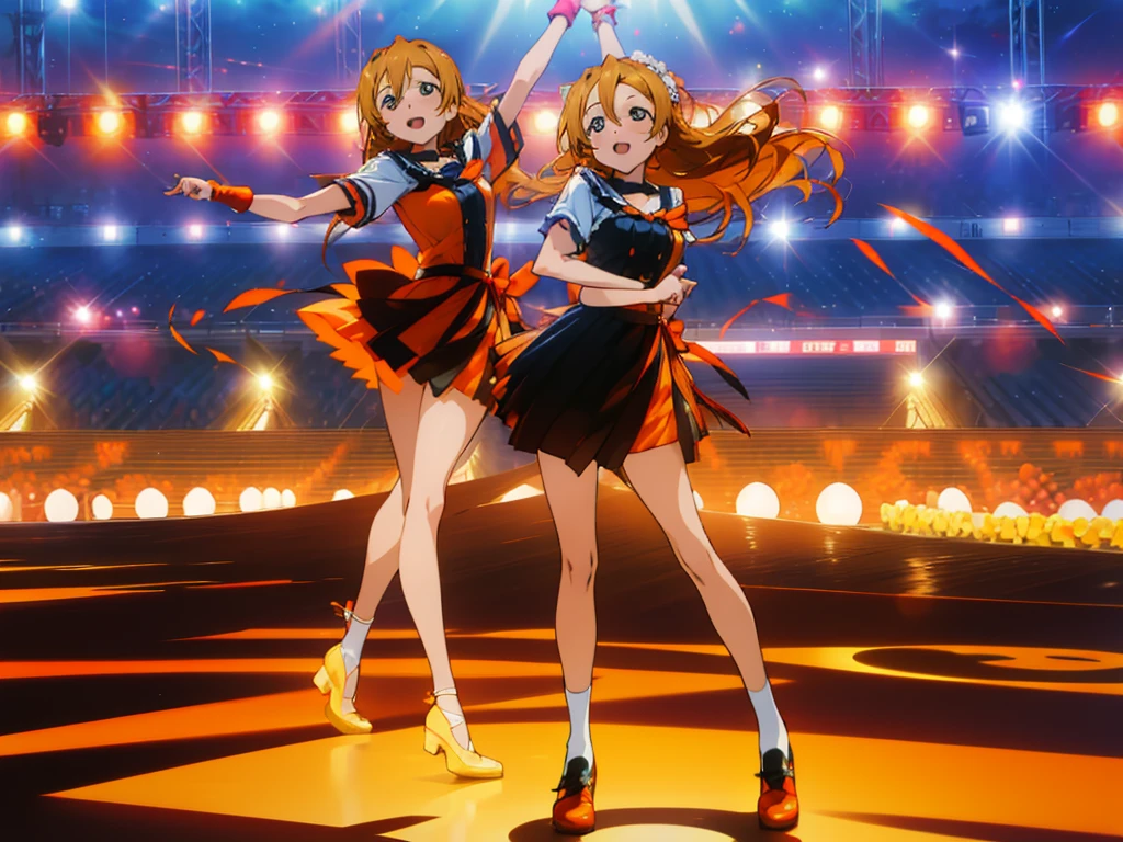 Anime style, Kouko Kaga and Honoka Kousaka performing with millions of idols, (Kouko Kaga, blonde hair, amber eyes, happy, height:163cm), (Honoka Kousaka, orange hair, blue eyes, happy, height:157cm), idol, multiple girls, million of girls, thousand girls, hundred girls,