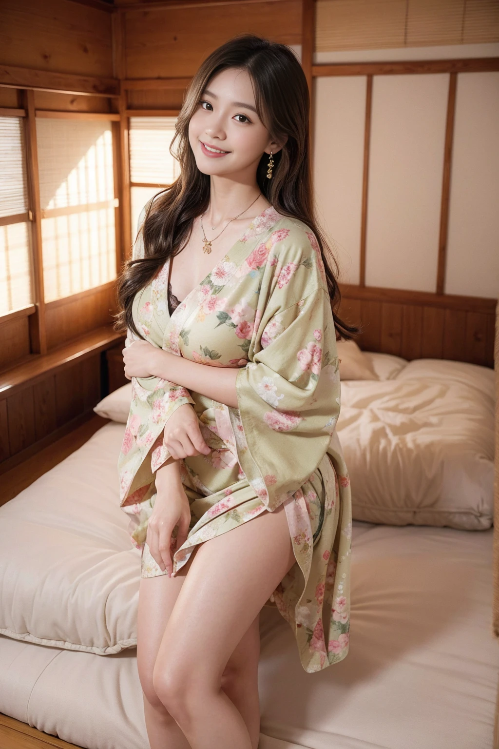 Best quality, masterpiece, super high resolution, yellow yukata, bedroom, leg-open, super realistic