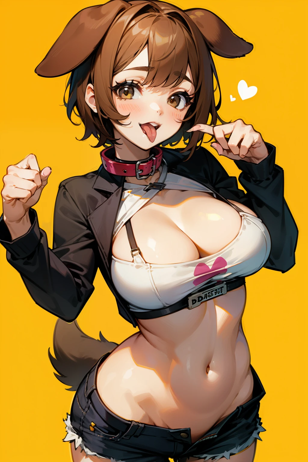 Cute girl, dog ears, short brown hair, hazel eyes, dog collar, tongue out of mouth, big breasts, short pants, exposed stomach, doggy style