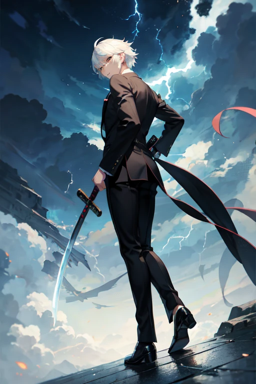 Short white haired handsome anime boy with black suit and katana sword looks back with lightning dragon