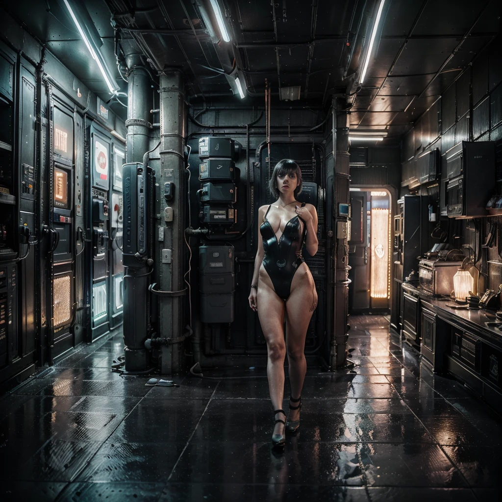 (Best Quality,hight resolution,Masterpiece, half body shot:1.2),Ultra-detailed,woman dressed in a futuristic leotard,sickly,standing in cyberpunk city alley at night, she's wearing a very sexy and futuristic high waisted thong leotard, cyberpunk city in at night in the background, very high waisted leotard, cyberpunk scenario, cyber-noir aesthetic, raining in a cyberpunk city, perfect body, sensual pose,full body shot, cyberpunk noir vibes, centered subject,gloomy ecstasy,fetish,dark gloomy atmosphere, creepy atmosphere, gritty texture,Retro-atmosphere,warped reality,melancholic expression on his face,mysterious aura,foggy atmosphere,foggy background,Subtle color palette,provocative pose,Strong emotions,Coming Out of the Depths of Despair,Piercing gaze,intense shadows,Plunged in Darkness,dark industrial aesthetic,ominous vibe,A supernatural sensation,Loss of Place in Time and Space,Eerie silence.asymmetrical bangs, freckles, black short hair, Bangs, freckles, gray eyes,
