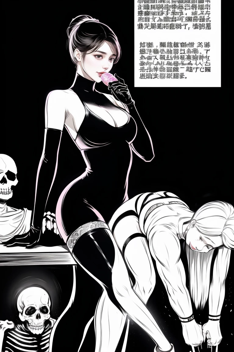 The beautiful girl in lace top and leggings is sitting astride a pile of skeletons in the center of the picture. She is holding a trembling sausage with juice squeezed out in her hand and smiling. There are multiple comic storyboards in the background，cbt, sausage bondage,sausage insertion,Sexy, trampling sausage with high heels heel,(masterpiece, best quality:1.2)，1 beautiful girl,sexy，comic storyboard:2, leggings, sit astride, axially symmetrical:2, ,femdom，sounding，cbt，hold，smile，colorful，leggings，thin gap，cameltoe，insertion，trembling，juice，spray， Long hair,Lace top,Sexy, Shiny leggings, High heel，cleveage, trampling, in forest, saliva , Mucus，