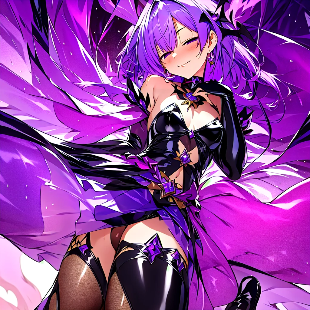 nsfw, satoukuuki, Embracing dark aura, pubic tattoo, glowing tattoo, 1 boy, femboy, otoko no ko, thigh high boots, medium hair, Feeling magical energy, octagonal yin yang mirror, cape, forehead accessory, runes, evil smile, stand-up collar, black body suit, at midnight, Holding a symbol of faith, purple eye, pastle purple hair, gold decoration, evil eye decoration, moon, earring, chains, belt, yin yang, skirt, beautiful art, high res, perfect face, detailed outfit