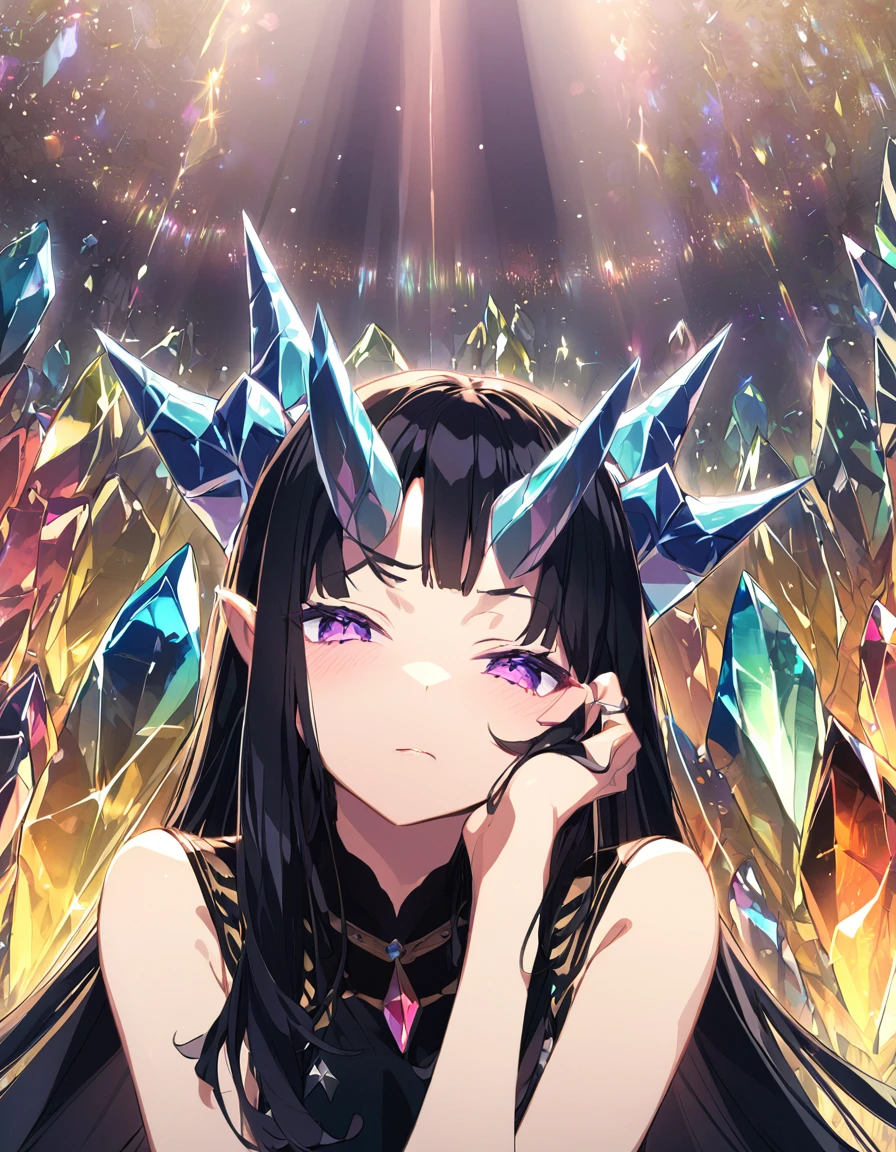 Place your hand on your cheek Perfect Fingers Insanely embarrassing Crystal Horn Shining Crystal Black Hair