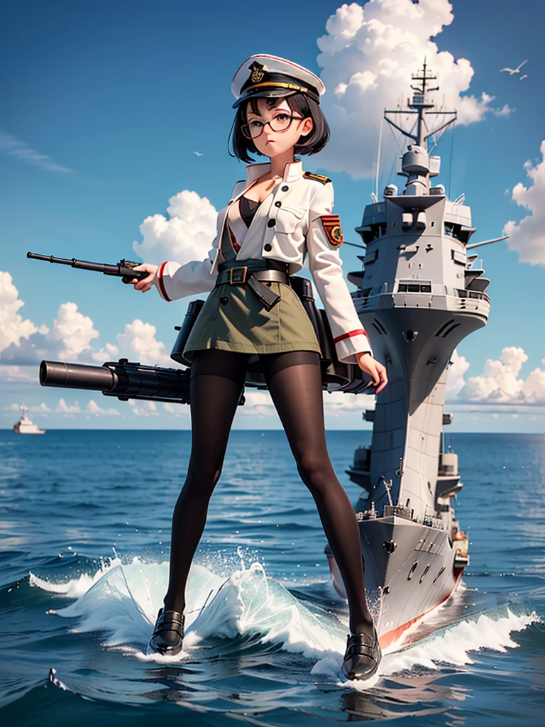 ((((Full body of a woman with perfect flat chest、Short unkempt black hair、white military jacket、Miko costume、tights、Black glasses、White military cap、Cloudy eyes、Sleepy expression)))), (((masterpiece))), (((Shipgirl))), ((Floating on the morning sea with both feet)), (Spread your legs wide open), (Hold the turret with your right hand), (Mechanical arms extending from the waist are used to equip the ship with battleship equipment.), (Equipped with a turret on the back), (Holds the turret with his left arm), Shotgun shells are attached to the thigh with a belt, Spreading the Machine's Wings, Machine tail, shotgun,