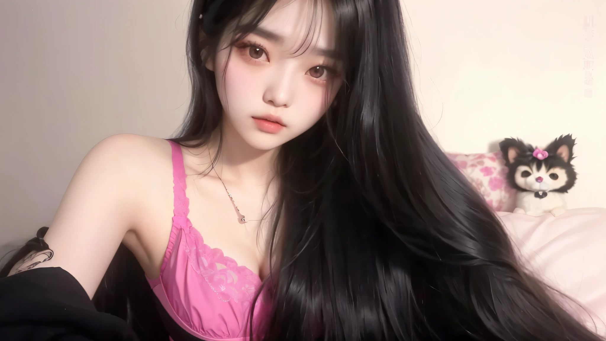 araffe girl with long black hair wearing a pink bra, cruel korean goth girl, with long hair and piercing eyes, ulzzang, she has black hair with bangs, large eyes and flowing long hair, with long hair, wan adorable korean face, korean girl, long dark hair with bangs, asian girl with long hair, with long dark hair
