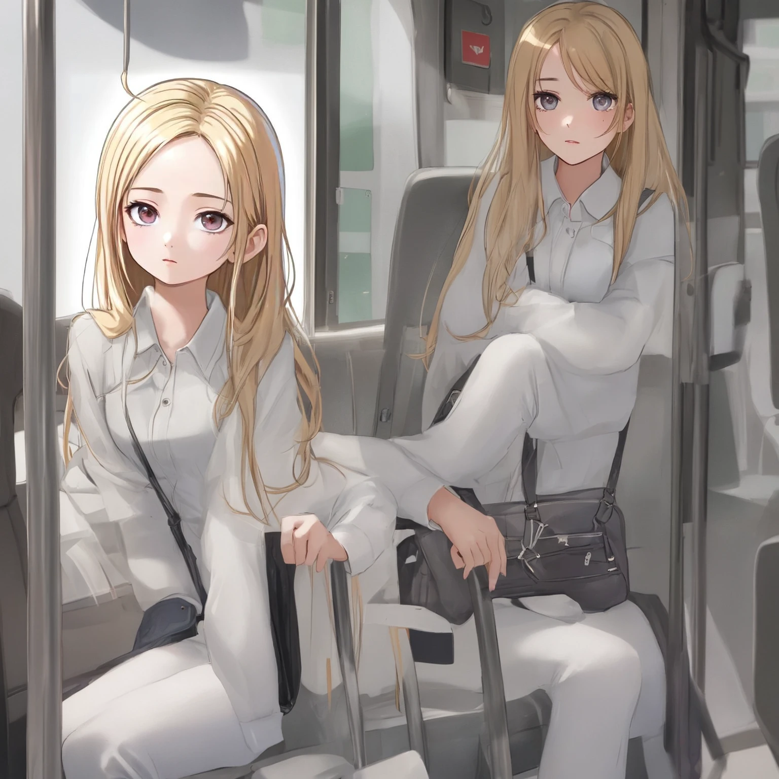 Create a 15-year-old girl in a white blouse, jeans, casual、Blonde. sit on a bus bench.Near future、Open city、