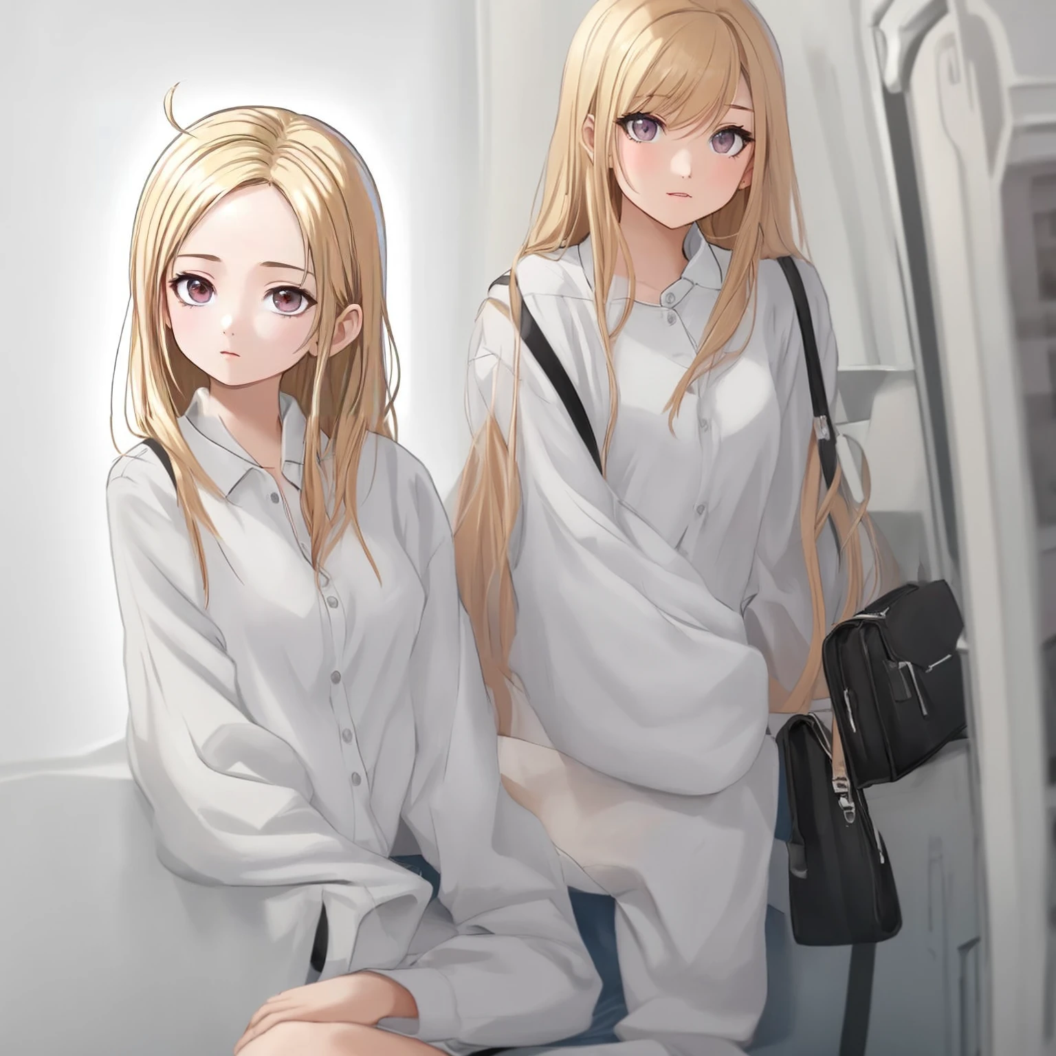 Create a -yeld giin a white blouse, jeans, casual、Blonde. sit on a bus bench.Near future、Open city、