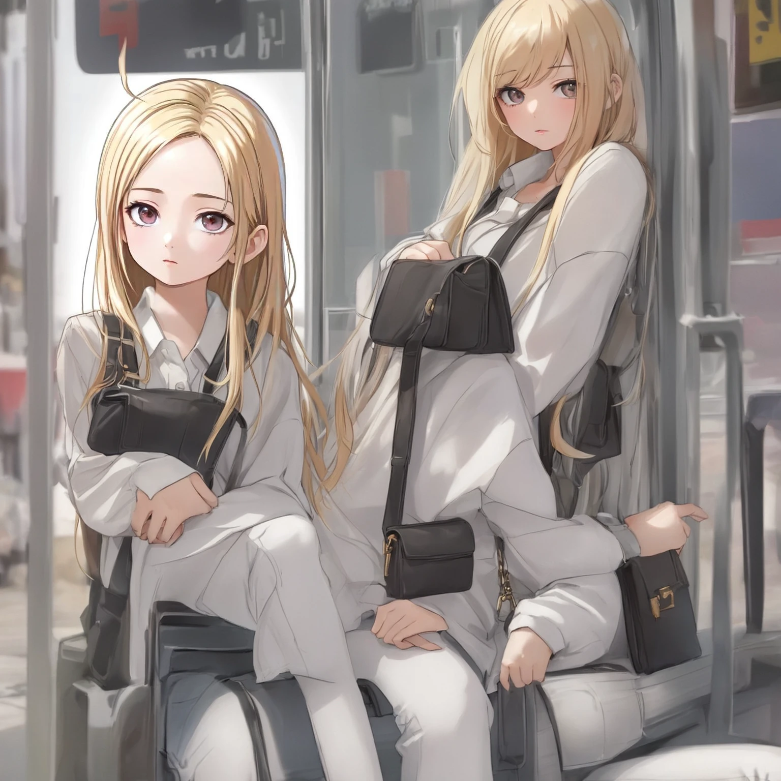 Create a in a white blouse, jeans, casual、Blonde. sit on a bus bench.Near future、Open city、