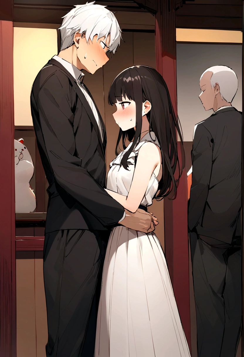 Best Quality, Masterpiece, Ultra-high resolution,night、shrine、Domestic、A 15-year-old boy and girl are standing side by side、Embarrassed、love