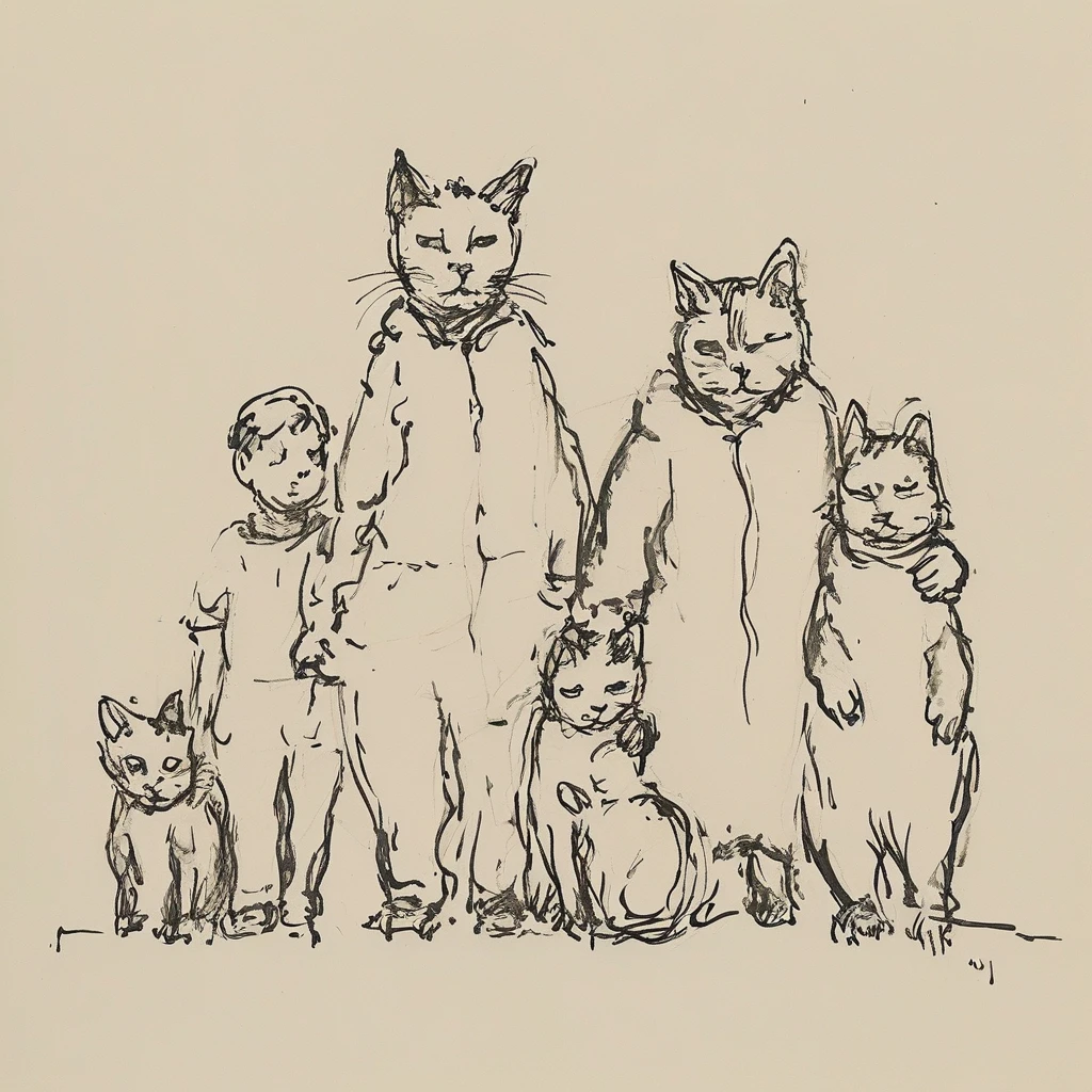 black and white drawing of a cat joining his family