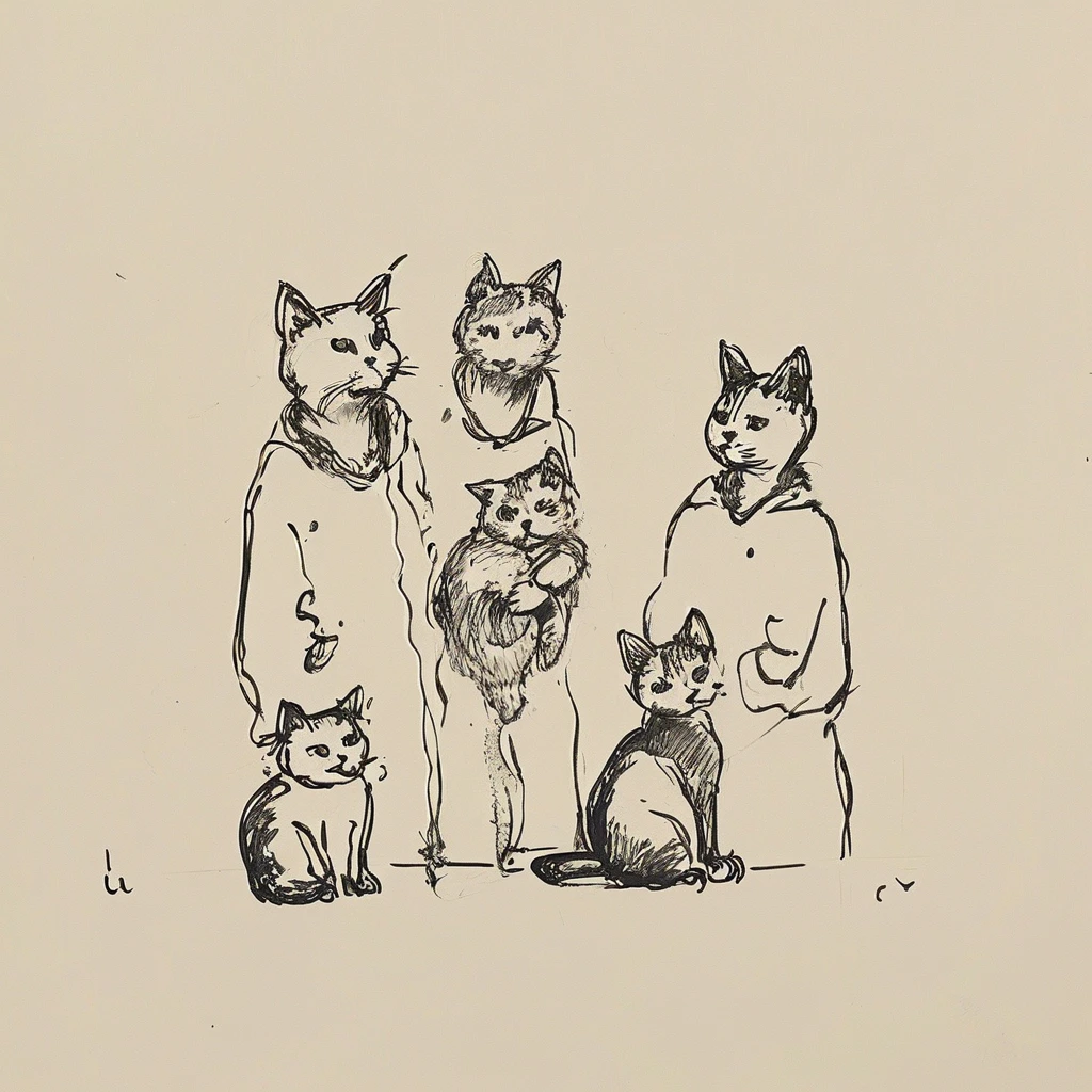 black and white drawing of a cat joining his family