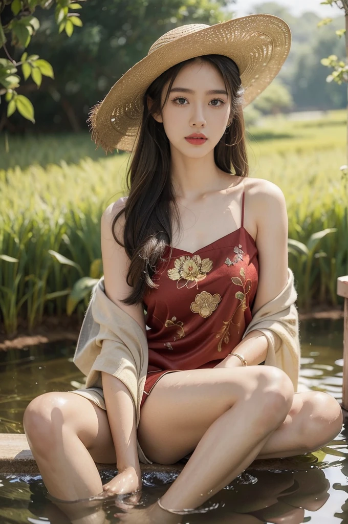 (((best quality))),(((ultra detailed))),(((masterpiece))),illustration,1 beautiful girl,slim,straw hat,shiny skin,dark Bronze colored skin,sweat,wet,flat chest,short Embroidered red cheongsam,bare arms,sitting in the Paddy pool filled with Rice seedlings,upper body,elegant, clear sky, sunlight, dreamy, contrast, natural,Chinese rural landscape,The body below the neck is in water