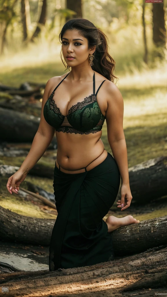from top view, extreme close up photo of nayanthara, big cheeks, hourglass figure, curvy, swooping breasts, deep cleavage, open arms, sexy armpits, look at viewer lusciously, jumping out from fire in a forest and stripping black lace transparent bra green see through saree,and heels, nipples, sunny day action scene, ponytail, 4K, HD nude.