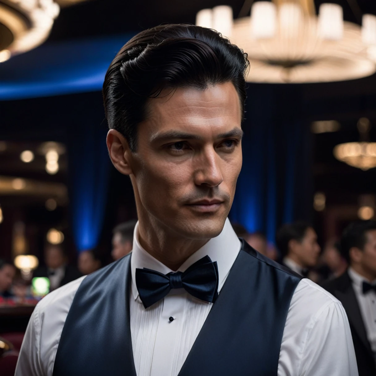 photorealistic, cinematic, raw photo, low angle shot, man, mature, black hair, short side part hairstyle, clean shaven, tall, thin, scar on cheek, wearing midnight blue tuxedo, white evening dress shirt with wing collar, black silk bow tie, plays poker in casino, evening, dim ligthing