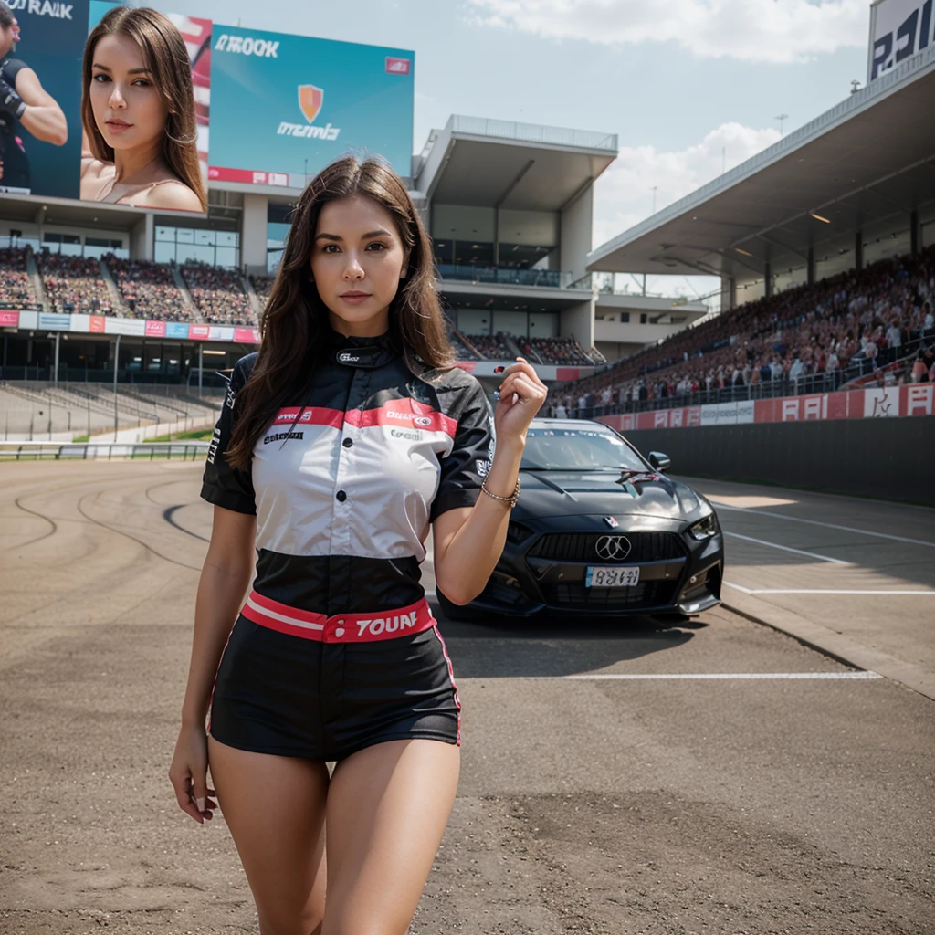 1girl in, 30 years old, Square face, Long hair, Looking at viewer, jewelry, Realistic, Sexy, racing outfit, colorful outfit, F1 racetrack background, freestyle pose