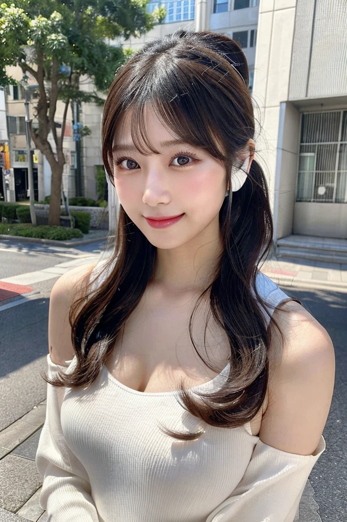 最high quality,Very detailed,finely,High resolution,8K壁紙,Perfect dynamic composition,Young Japanese Woman,Age 25, Black Hair, thin, 4K, 8K, high quality, beauty, smile, White teeth,Beautiful Eyes, Characterized by simplicity, High resolution,1 person,Japanese Idols,Large Breasts,ponytail,Landmine Makeup,Red cheeks,whole body,Headphones,listening to music with headphones on