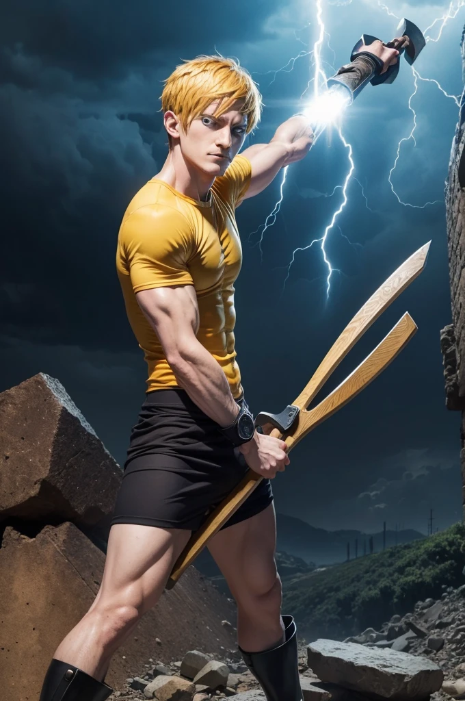 Escanor from Nanatsu no Taizai mixed with One Punch Man genus releasing lightning and with an ax in his hand.