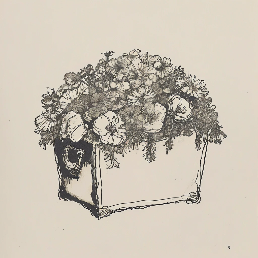 black and white drawing of a treasure made of flowers