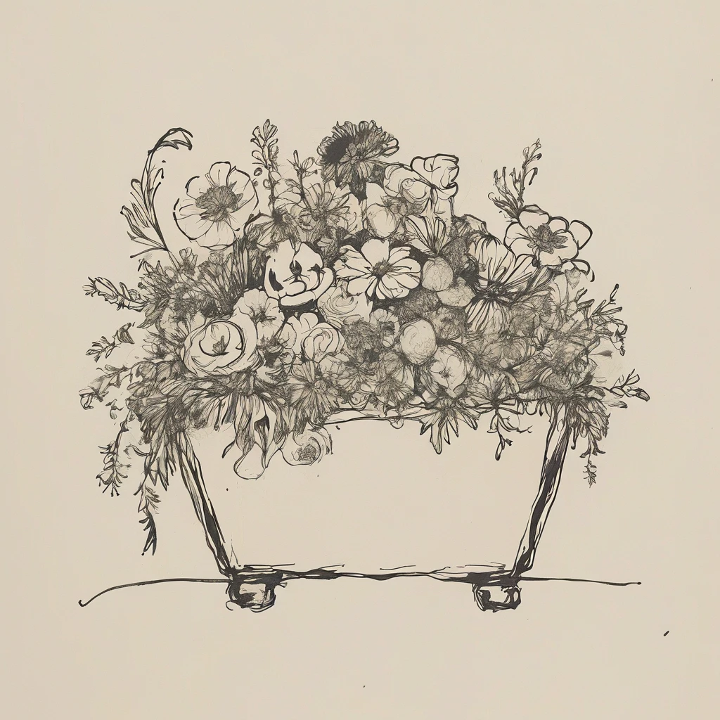 black and white drawing of a treasure made of flowers