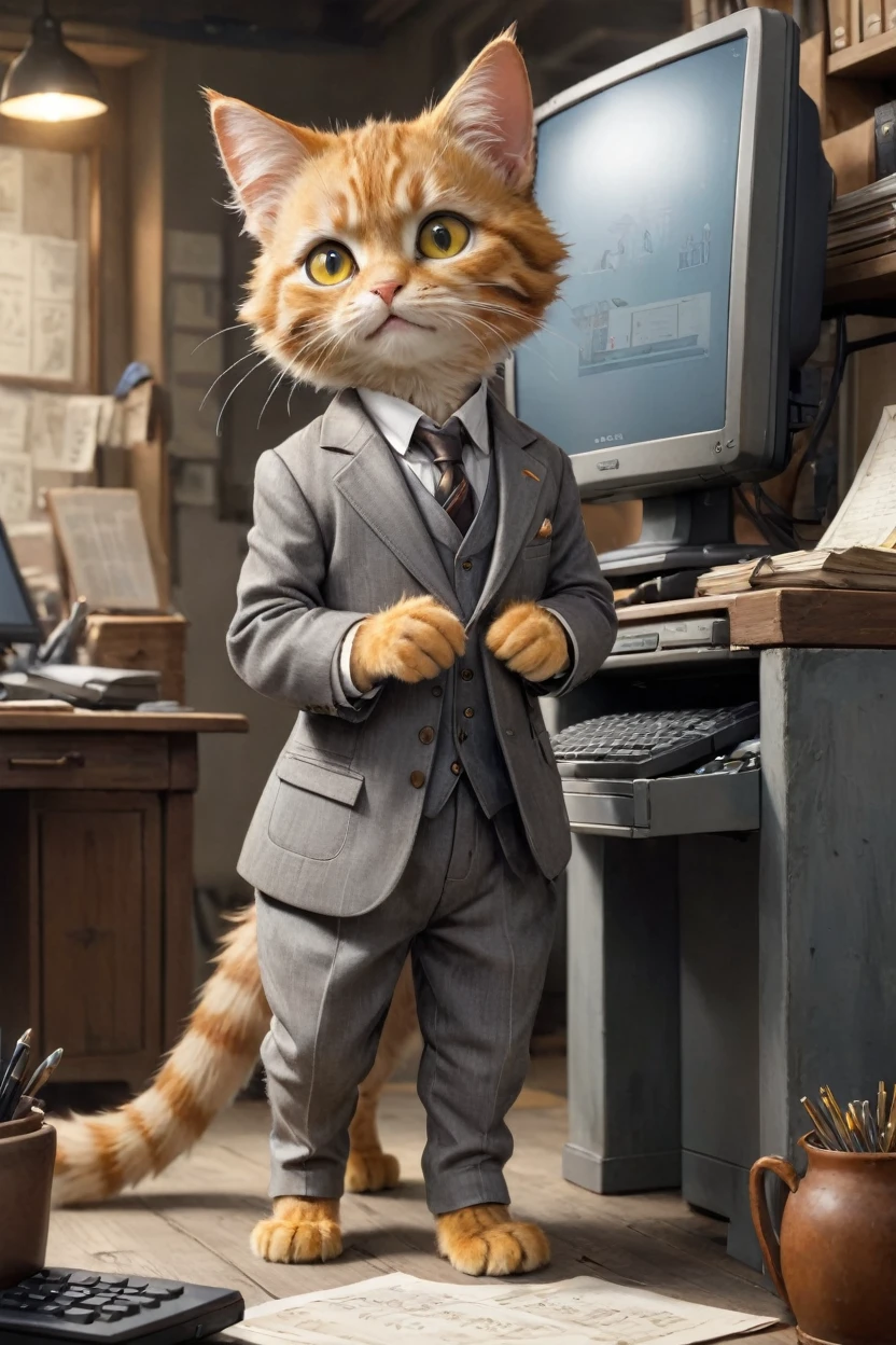 small, かわいいbornき物, Wearing a gray suit,Wearing suit pants、Brown leather shoes、 whole body, , Are standing, Costumes, Operating a computer、 Fantasy art, Exquisite detail, Jean-Baptiste Monge Style, office、Alan Lee Style, Anthropomorphic yellow-eyed tabby furry cat, Movie Scenes, Dramatic shot angles, , Realistic, born々Amazing cinematic photorealism, Action Portrait, 8K, detailed, Full Frame