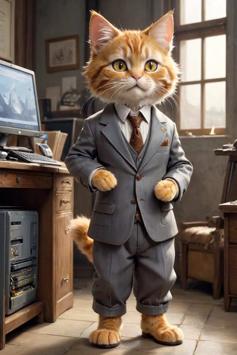 small, かわいいbornき物, Wearing a gray suit,Wearing suit pants、Brown leather shoes、 whole body, , Are standing, Costumes, Operating a computer、 Fantasy art, Exquisite detail, Jean-Baptiste Monge Style, office、Alan Lee Style, Anthropomorphic yellow-eyed tabby furry cat, Movie Scenes, Dramatic shot angles, , Realistic, born々Amazing cinematic photorealism, Action Portrait, 8K, detailed, Full Frame