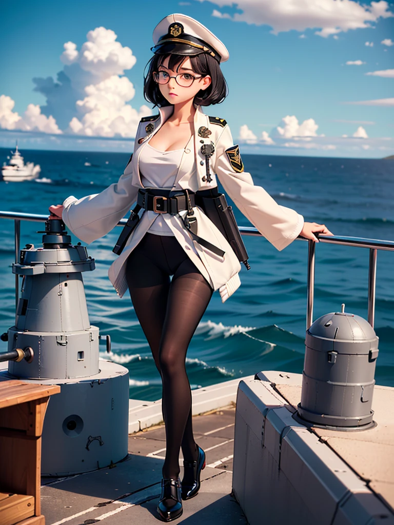 ((((Full body of a woman with perfect flat chest、Short unkempt black hair、white military jacket、Miko costume、tights、Black glasses、White military cap、Cloudy eyes、Sleepy expression)))), (((masterpiece))), (((Shipgirl))), ((Floating on the morning sea with both feet)), (Spread your legs wide open), (Hold the turret with your right hand), (Mechanical arms extending from the waist are used to equip the ship with battleship equipment.), (Equipped with a turret on the back), (Holds the turret with his left arm), Shotgun shells are attached to the thigh with a belt, Spreading the Machine&#39;s Wings, Machine tail,  shotgun, 