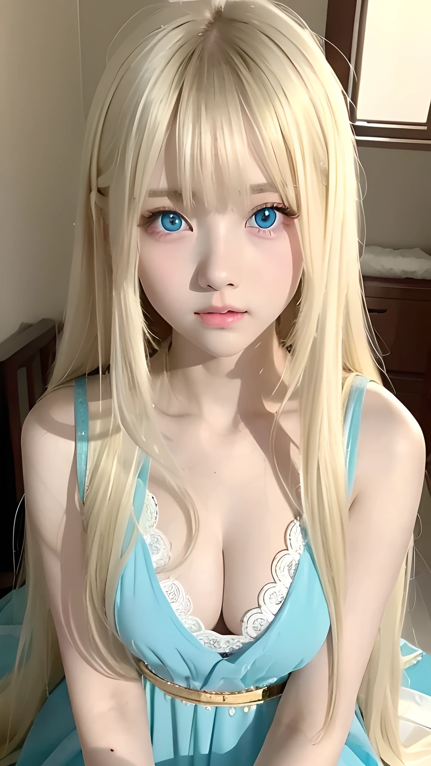 Super long blonde straight hair、Bangs on a beautiful face between the eyes、Very cute beautiful sexy young teenage girl、So perfect beautiful cute face、Very large, clear, beautiful, bright, light blue eyes、Very big cute eyes、Small Face Beauty、Cheek highlighter、White, bright and radiant skin、