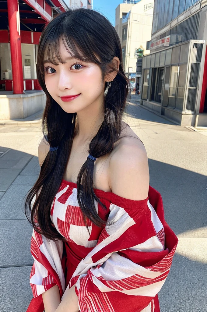最high quality,Very detailed,finely,High resolution,8K壁紙,Perfect dynamic composition,Young Japanese Woman,Age 25, Black Hair, thin, 4K, 8K, high quality, beauty, smile, White teeth,Beautiful Eyes, Characterized by simplicity, High resolution,1 person,Japanese Idols,Large Breasts,Twin tails,Landmine Makeup,Red cheeks,Off the shoulder,