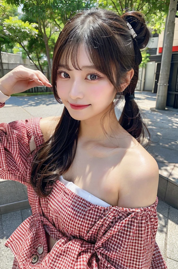 最high quality,Very detailed,finely,High resolution,8K壁紙,Perfect dynamic composition,Young Japanese Woman,Age 25, Black Hair, thin, 4K, 8K, high quality, beauty, smile, White teeth,Beautiful Eyes, Characterized by simplicity, High resolution,1 person,Japanese Idols,Large Breasts,Twin tails,Landmine Makeup,Red cheeks,Off the shoulder,