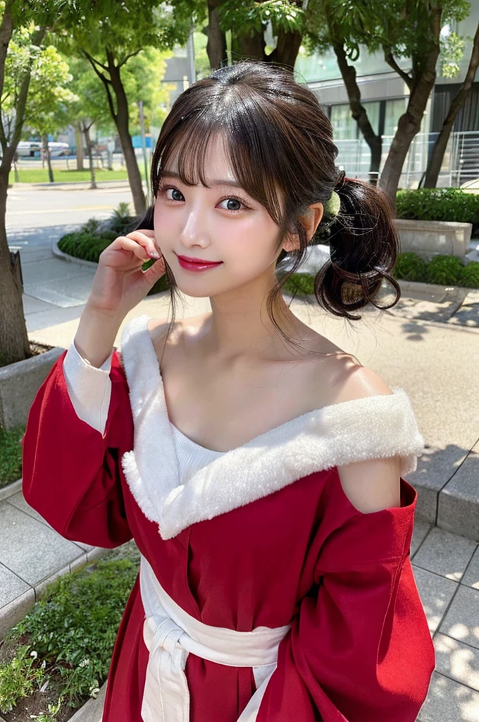 最high quality,Very detailed,finely,High resolution,8K壁紙,Perfect dynamic composition,Young Japanese Woman,Age 25, Black Hair, thin, 4K, 8K, high quality, beauty, smile, White teeth,Beautiful Eyes, Characterized by simplicity, High resolution,1 person,Japanese Idols,Large Breasts,Twin tails,Landmine Makeup,Red cheeks,Off the shoulder,