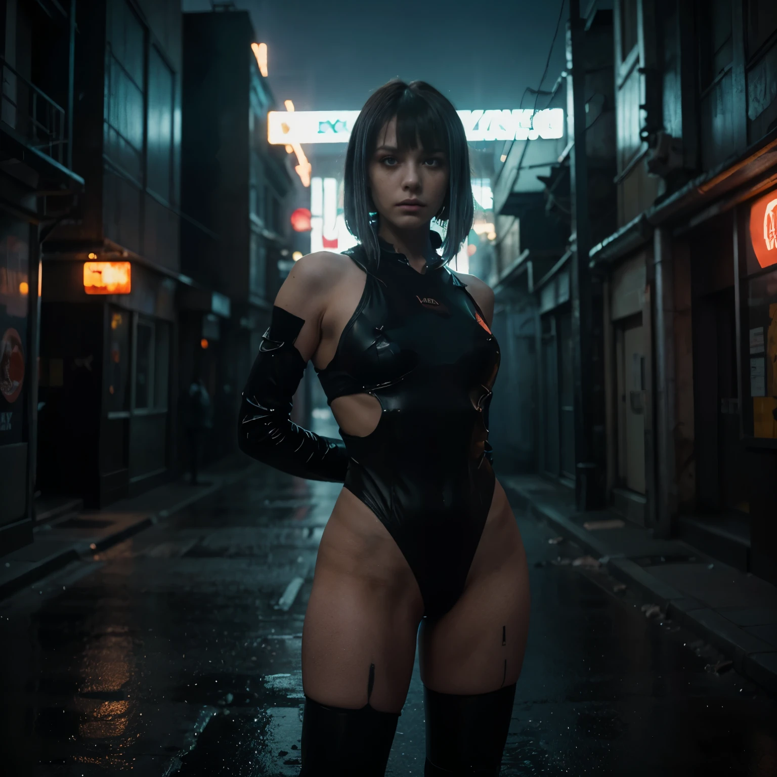 (Best Quality,hight resolution,Masterpiece, half body shot:1.2),Ultra-detailed,woman dressed in a futuristic leotard,sickly,standing in cyberpunk city alley at night, she's wearing a very sexy and futuristic high waisted thong leotard, cyberpunk city in at night in the background, very high waisted leotard, cyberpunk scenario, cyber-noir aesthetic, raining in a cyberpunk city, perfect body, sensual pose,full body shot, cyberpunk noir vibes, centered subject,gloomy ecstasy,fetish,dark gloomy atmosphere, creepy atmosphere, gritty texture,Retro-atmosphere,warped reality,melancholic expression on his face,mysterious aura,foggy atmosphere,foggy background,Subtle color palette,provocative pose,Strong emotions,Coming Out of the Depths of Despair,Piercing gaze,intense shadows,Plunged in Darkness,dark industrial aesthetic,ominous vibe,A supernatural sensation,Loss of Place in Time and Space,Eerie silence.asymmetrical bangs, freckles, black short hair, Bangs, freckles, gray eyes,