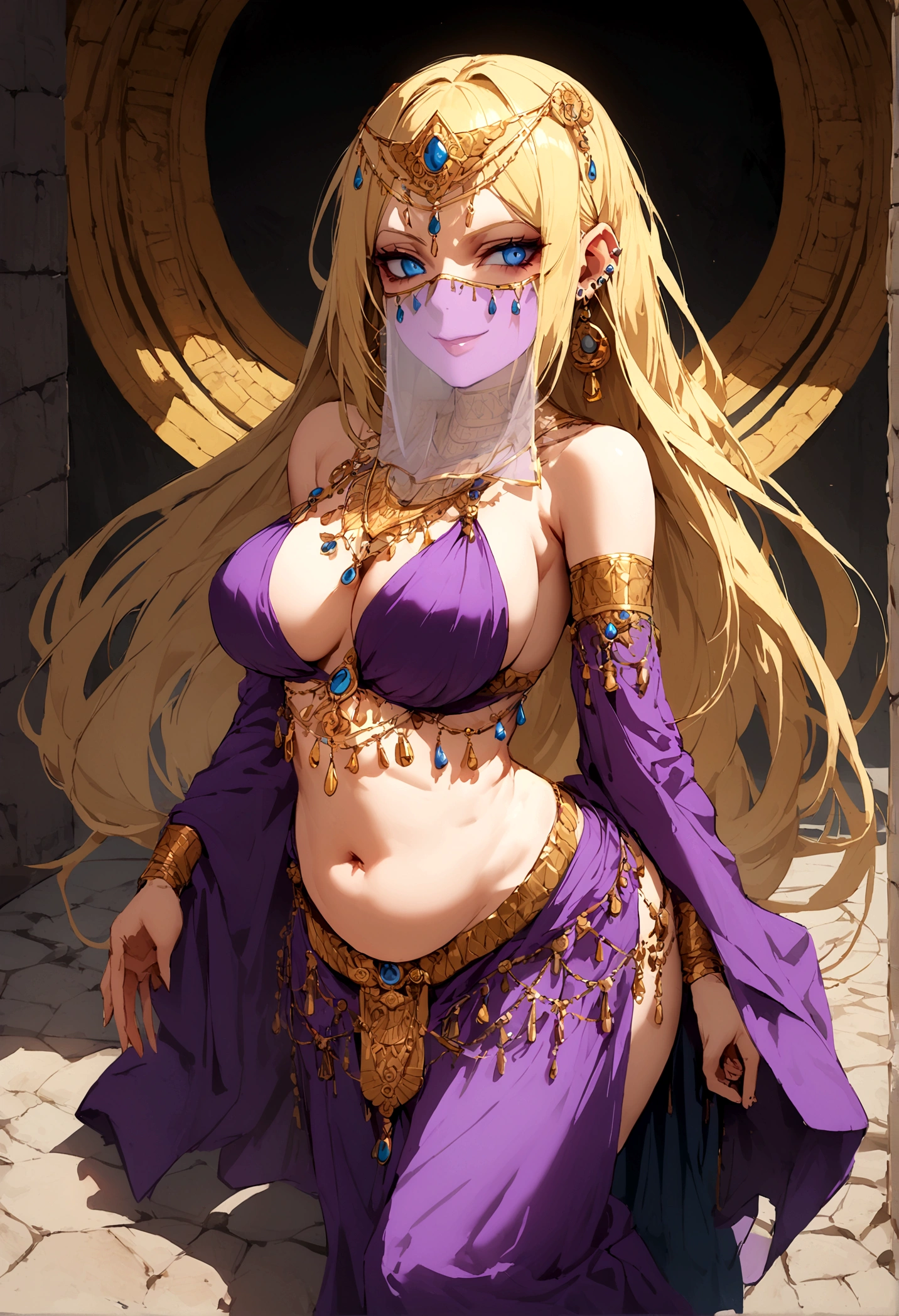 She has long blonde hair cascading down her back.Piercing blue eyes. Her outfit consists of delicate, thin chains and ornamental pieces that barely cover her body. mouth veil , with intricate jewelry adorning her neck, arms, and waist. evil smile, subservient, large breast, egyptian style clothng, full body shot, purple clothes, belly dancer outfit