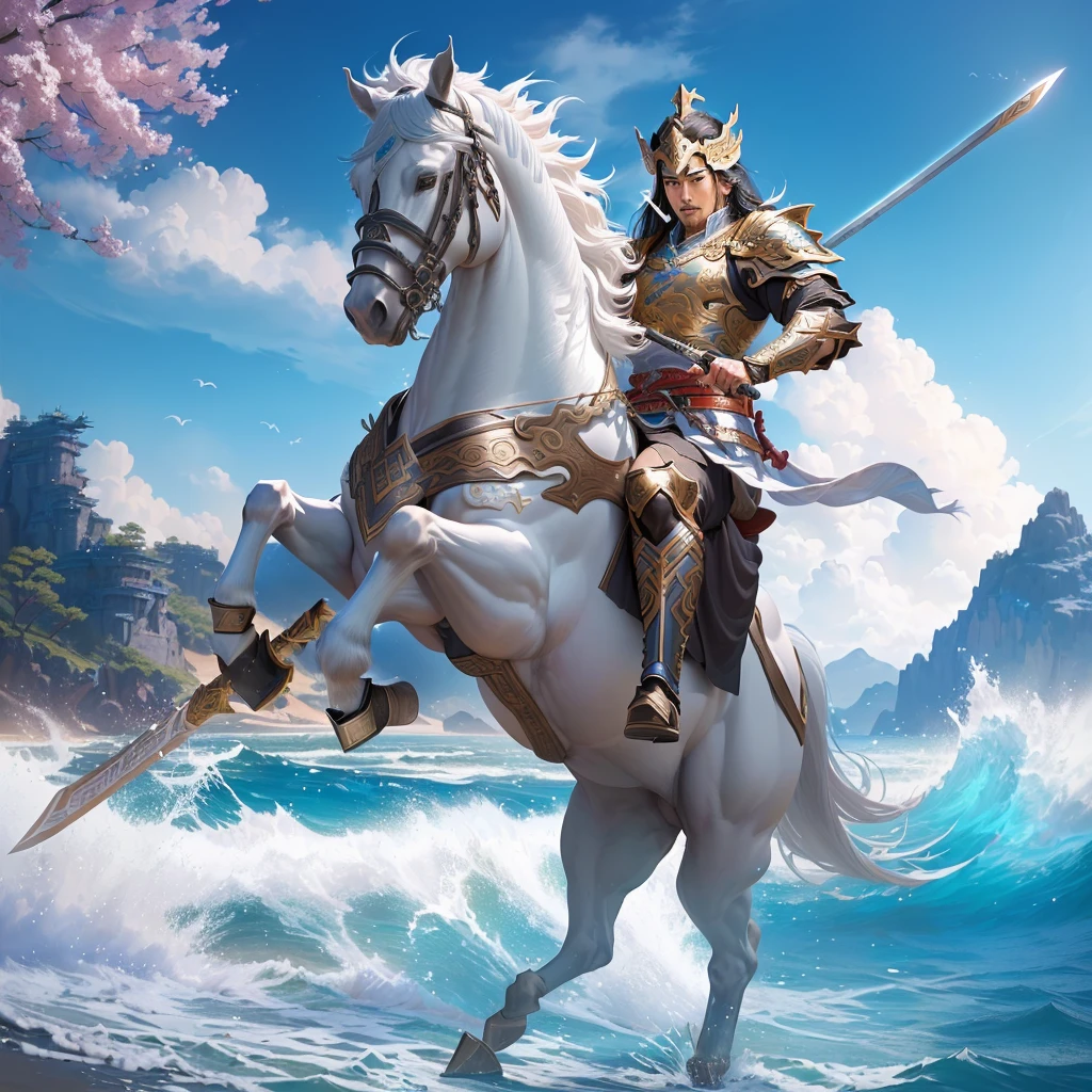 There is a man riding a horse on the beach，Sword in hand, zhao yun, Horse Warrior, Male general, guan yu, Inspired by Huang Shen, mystical atlantean valkyrie, CG Artist, author：Yang J, heise jinyao, hua cheng, xianxia hero, jinyiwei, Inspired by Pu Hua, dragon