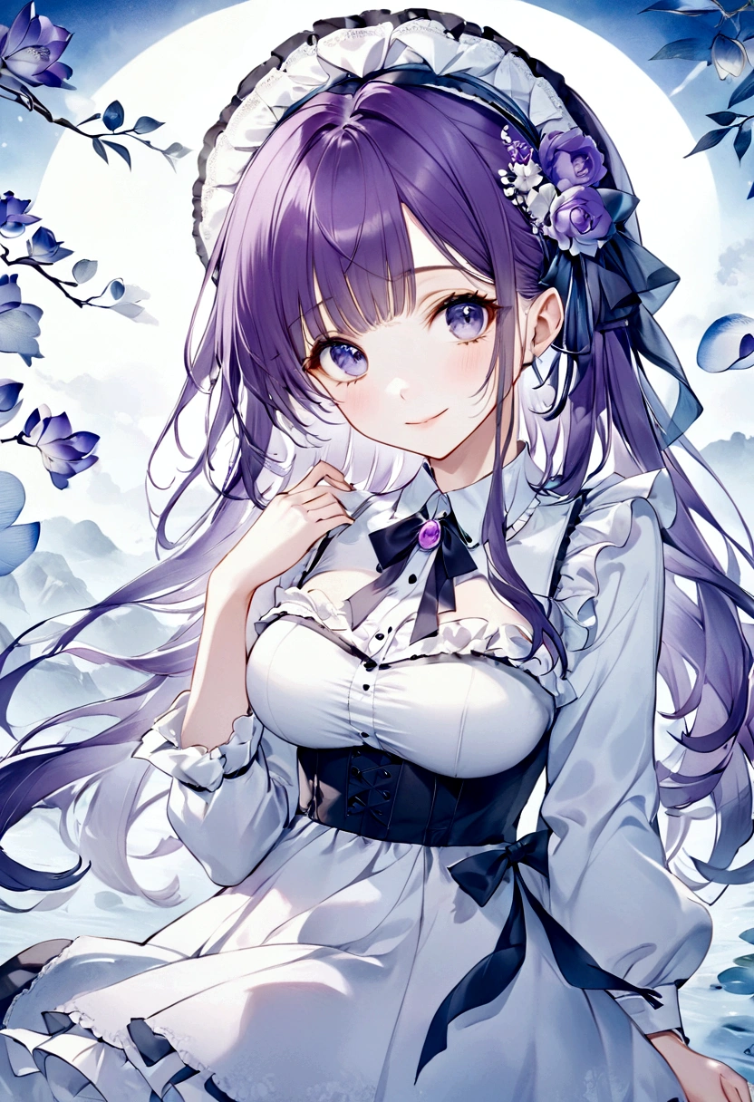 (masterpiece, Highest quality: 1.2),1. One, Beautiful Eyes,， （（Lolita））Natural Breasts（8K）（High resolution）（（Highest quality））， （（Surrealism））、Purple Hair、smile、Long Hair